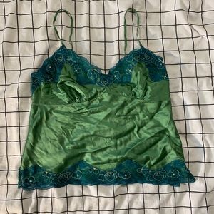 vintage emerald silk tank with teal/gold lace trim